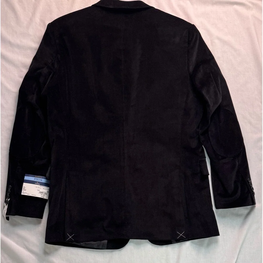 Stafford Mens 44R Black Corduroy Sport Coat Blazer Classic Fit Stretch Elbow Pat